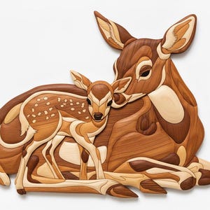 May include: Wooden art piece depicting a mother deer and her fawn. The artwork is crafted from various shades of wood, showcasing a warm palette of browns and creams. The fawn has white spots, and the mother deer is embracing the fawn.