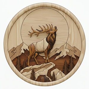 May include: A wooden round wall art piece featuring a detailed elk in a mountain landscape. The elk is depicted with intricate wood grain patterns and stands on a rocky outcrop. The background includes mountains and trees, all within a circular frame.