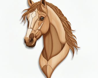 May include: A wooden horse head sculpture with a light brown mane and a detailed, segmented design. The horse's head is angled slightly to the left, showcasing its eye and facial features. The sculpture is mounted on a white background.
