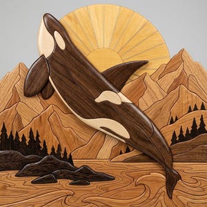 May include: Wooden wall art featuring a leaping orca whale. The orca is brown and white, set against a backdrop of mountains, a sunburst, and water. The artwork is crafted from various wood tones, creating a layered effect.