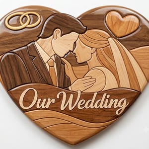 May include: Wooden heart-shaped wedding plaque featuring a bride and groom, wedding rings, and a heart. The words "Our Wedding" are carved into the wood. The plaque is made of various shades of brown wood.
