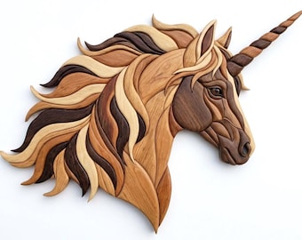 May include: A wall-mounted unicorn head sculpture crafted from layered wood pieces in various natural brown tones. The design features a flowing mane with light, medium, and dark wood grain patterns, a detailed face, and a single spiraled horn.