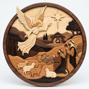 Annunciation to the Shepherds Intarsia Pattern • 184 Pieces • 20" x 19.5" • PDF | PNG | SVG | dxf