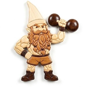 May include: A wooden carving of a muscular gnome lifting a dumbbell. The gnome has a long, braided brown beard, a pointed hat, and is wearing brown shorts and boots. The dumbbell is dark brown.