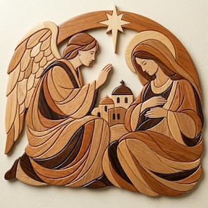 May include: Wooden wall art depicting an angel and a woman in flowing robes, with a star and a church in the background. The artwork is crafted from various shades of wood, creating a layered effect. The figures are in a seated position, with the angel's wings spread.