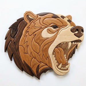 May include: A wooden bear head sculpture with an open mouth, showcasing detailed craftsmanship. The artwork features various wood tones, including dark brown, light brown, and beige, creating a textured, layered effect. The bear's teeth and facial features are intricately carved.