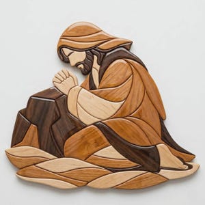 May include: Wooden wall art showing a figure kneeling in prayer. The artwork uses a mosaic of wood tones, including light and dark browns, creating a textured effect. The figure kneels on a stylized landscape.
