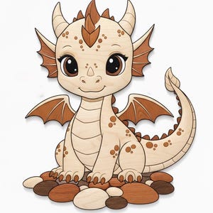 May include: A wooden dragon figurine with a light beige body, brown accents, and large brown eyes. The dragon has horns, wings, and a tail, and is sitting on a pile of brown and beige stones. The figurine is a cute, whimsical design.