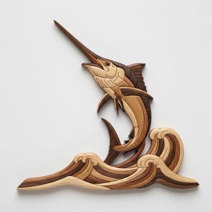 May include: Wooden wall art depicting a marlin leaping from ocean waves. The artwork uses various shades of brown wood to create the fish and waves. The marlin has a long, pointed bill and is mid-jump, with its fins extended.