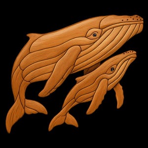 Pode incluir: Uma escultura em madeira de duas baleias, uma maior e outra menor, contra um fundo preto. As baleias são de cor castanha quente, com padrões detalhados de grão de madeira. A escultura capta as formas das baleias.