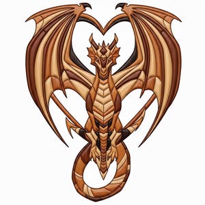 May include: A detailed illustration of a dragon with outstretched wings forming a heart shape. The dragon is rendered in shades of brown, tan, and black, with intricate patterns and textures. The artwork is set against a white background.