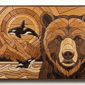 May include: Wooden art piece featuring a bear and orcas. The bear is on the right, with orcas in the water and sky on the left. The artwork uses various wood tones to create the image.