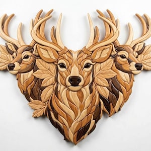 May include: A wooden wall art piece featuring three deer heads with intricate details. The artwork uses various shades of brown wood to create a mosaic-like effect, with detailed antlers and leaf accents. The piece is mounted on a white background.