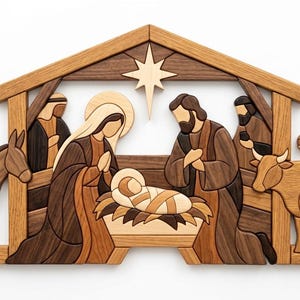 May include: A wooden nativity scene wall art piece featuring layered, multi-toned wood cutouts of the holy family, a donkey, an ox, and figures under a stable roof with a central star. The design uses light, medium, and dark wood grains.