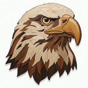 Può includere: Un'opera d'arte in legno raffigurante la testa di un'aquila. L'opera è realizzata con varie tonalità di legno, tra cui beige chiaro, marrone medio e marrone scuro, creando un aspetto dettagliato e strutturato. L'occhio dell'aquila è un punto focale.