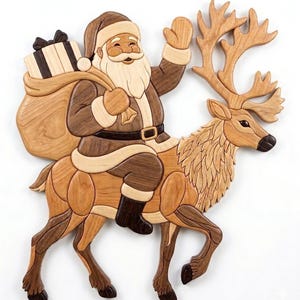 May include: A handcrafted wooden wall art piece featuring Santa Claus riding a reindeer. Santa wears a brown suit with a white trim and carries a gift-filled sack. The reindeer has large antlers and is depicted in various shades of natural wood.