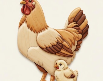 Chicken & Chick Wood Intarsia Pattern 15" x 12"