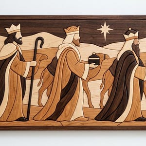 May include: A rectangular wooden wall art piece featuring a multi-layered intarsia scene of the three wise men traveling with camels toward a stable under a star. The design uses contrasting light, medium, and dark wood tones to depict figures.