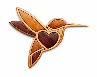 Mini Wood Intarsia Pattern – Hummingbird Heart 4"x5" PDF, PNG, SVG - Magnet-Friendly