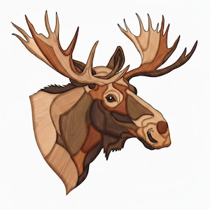 May include: A detailed wooden mosaic of a moose head, showcasing various shades of brown. The artwork highlights the moose's antlers and facial features, with a focus on the eye and nose. The mosaic is set against a white background.