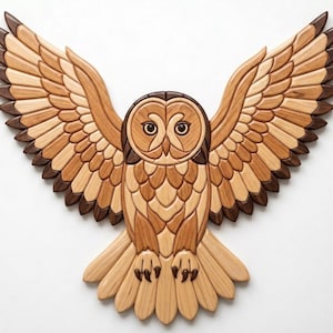 May include: Wooden owl wall art with outstretched wings. The owl is crafted from various shades of wood, including light and dark browns, creating a mosaic-like effect. The wings are spread wide, showcasing the intricate wood grain patterns.