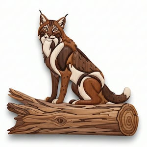 May include: A wooden sculpture of a lynx sitting on a log. The lynx is brown, white, and tan, with detailed wood grain patterns. The log is also made of wood, with visible knots and a cut end.
