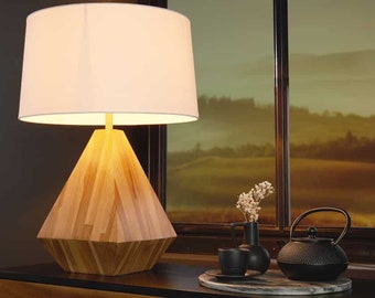 Solid wood table lamp 65cm teak natural white modern handmade