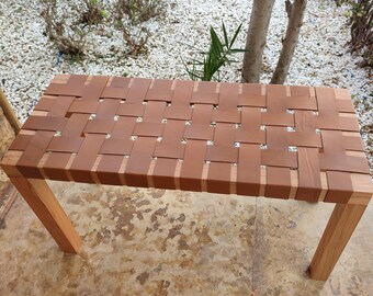 Handwoven Leather Bench: Rustic Beech Wood Entryway Furniture