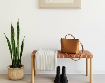 Handmade Woven Leather Bench: Solid Beech Wood, Mid-Century Modern Ottoman