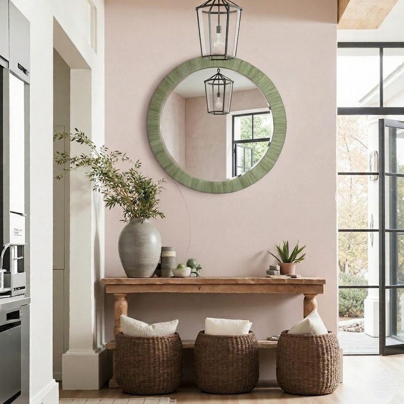 May include: A round mirror with a textured sage green frame hangs above a wooden console table. On the table sits a large gray ceramic vase with green branches, a small potted plant, and three woven baskets with white cushions underneath.