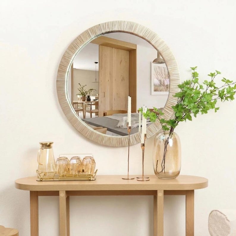 Raffia round mirror : Handcrafted Boho Decorative mirror image 8