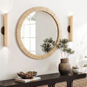 Raffia round mirror : Handcrafted Boho Decorative mirror image 7