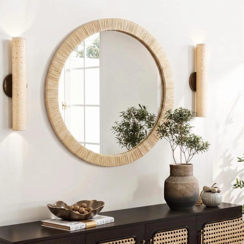 Raffia round mirror : Handcrafted Boho Decorative mirror image 7