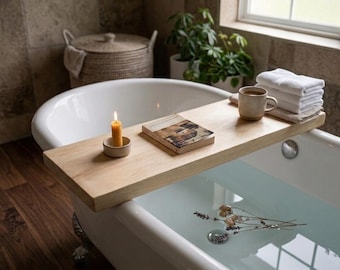 Handmade Wooden Bathtub Caddy – Minimalist Wood Bath Tray – Modern Bathroom Decor – Luxury Spa Gift for Her – Natural Pine Bath Board