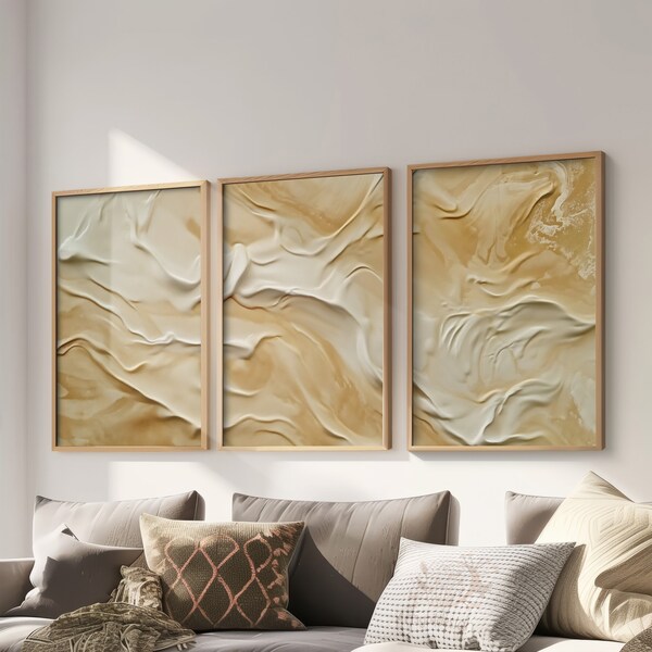 Desert Delice Dreams in the Sand (Beige & White (3 Piece) Wall Art Set of ice Cream wave art Print Set Modern Home Decor Printable download