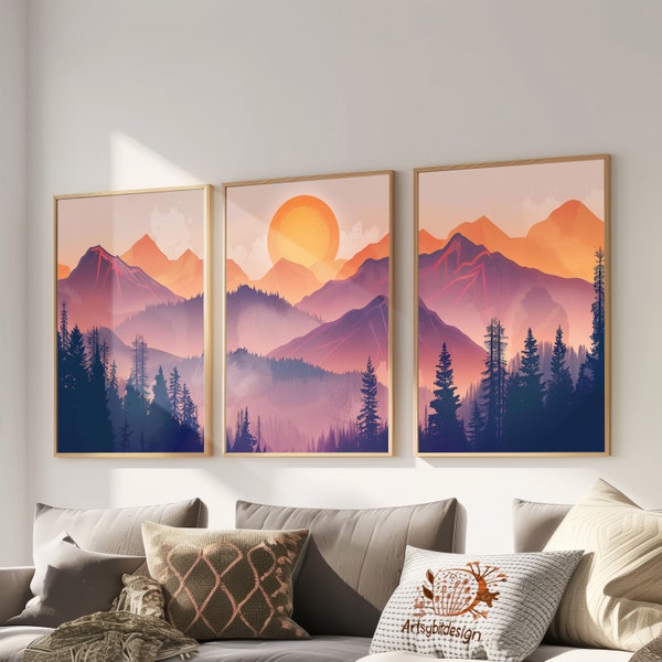 3 Piece Wall Art,Majestic Mountain Purple,Wall Art Set,Watercolor Print, Landscape Print Set, Modern Home Decor, Printable download