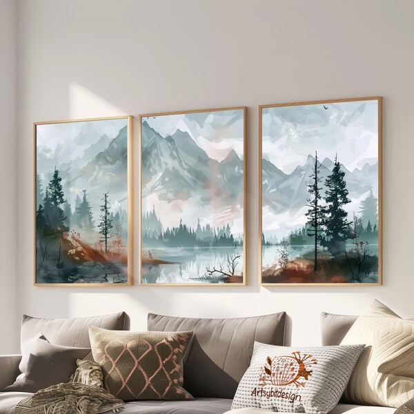 3 Piece Wall Art,Majestic Mountain,Wall Art Set,Watercolor Print, Landscape Print Set, Modern Home Decor, Printable download