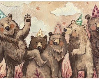 May include: A whimsical illustration of five brown bears celebrating. Each bear wears a party hat, with some waving or embracing. The background features clouds, stars, and decorative elements, creating a festive atmosphere.