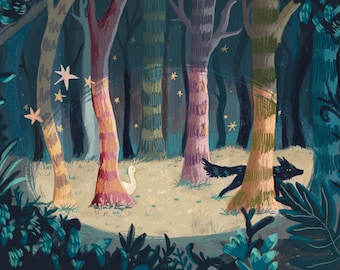 May include: An illustration of a forest scene with tall trees in shades of blue, green, and brown. A white swan and a black wolf are in the clearing. Stars and light beams add a magical touch to the artwork.