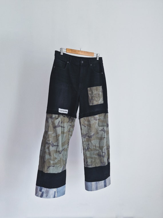 Camouflage Clit Trousers made out of vintage jeans and skirt, slow and green fashion