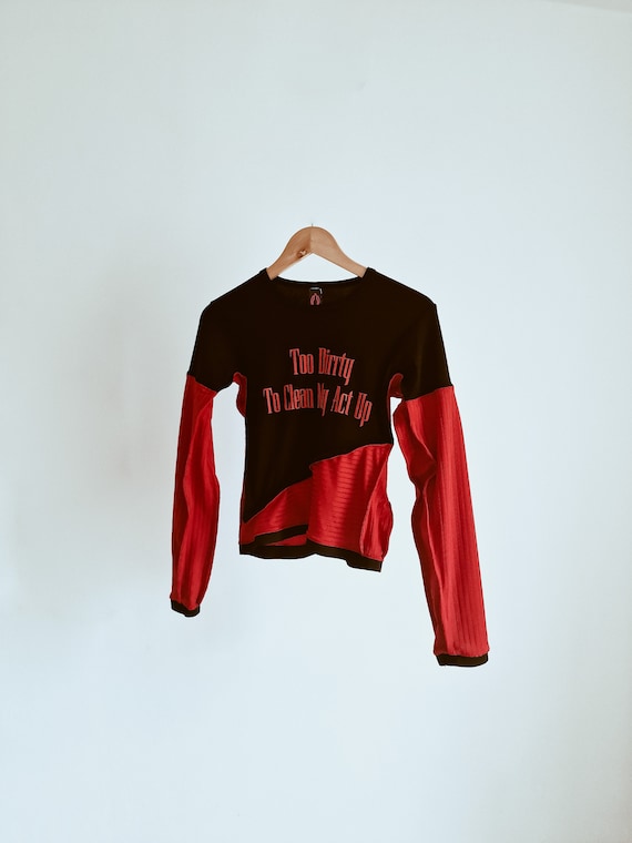 Red Clit Top, Handmade in the UK, sustainable, upcycled long sleeve made of vintage tshirt and scraps