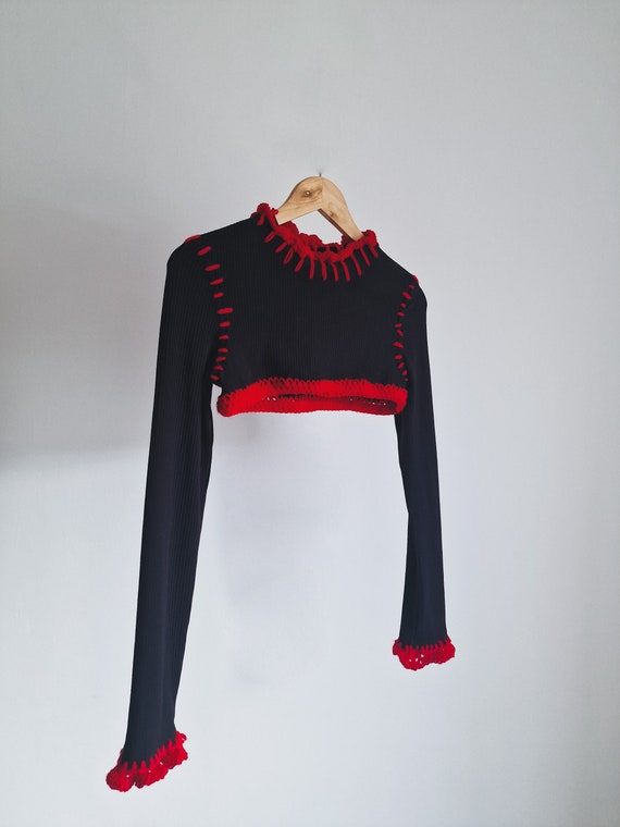 Black and red upcyled crop top, hand crochet and stitching with sustainable materials and an edgy touch