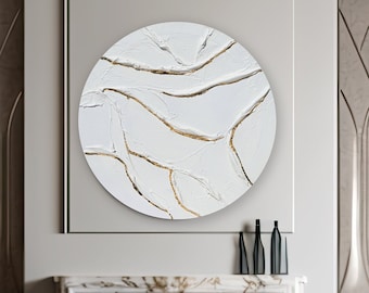 White and Gold Circle Textured Abstract Painting, 3D Minimalist Art