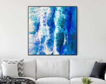 Blue Serenity: Hand-Painted Ocean Abstract for Wall Decor - Art Birthday Present