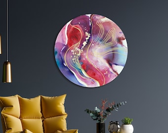 Abstract Circle Canvas Art, Red & Gold Watercolor Painting, Original Home Decor