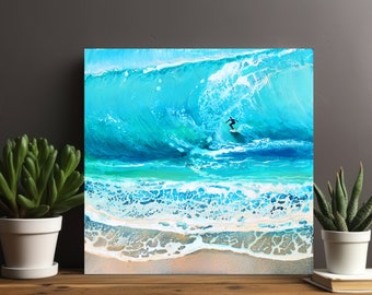 Montar las olas: escena de surf pintada a mano, lienzo de 30x30 cm/12x12