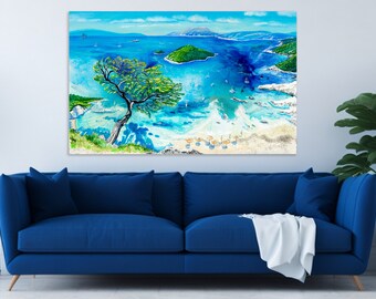 Aegean Seascape Canvas Print, Panoramic Ocean View, Greek Island Art