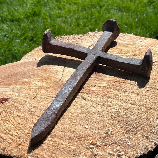 11” Pointed Christian Wall Cross - Handcrafted Recycled Railway Spike Décor, Rustic Industrial Design Forged Metal Heavy Nail Welded