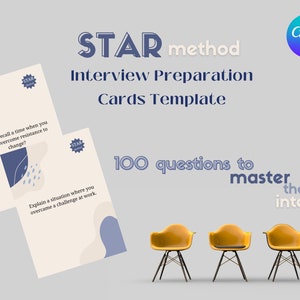 May include: A set of three interview preparation cards with a blue and beige abstract design. The cards feature the text "STAR method" and "Interview Preparation Cards Template". The text "100 questions to master the interview" is also included.
