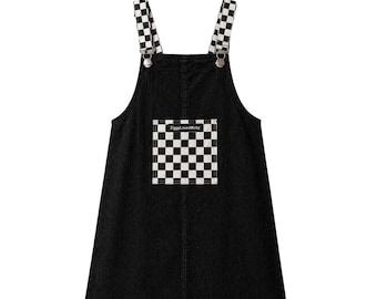 Women's Black Corduroy Pinafore Dress| Checkerboard Jumper Dress | Adjustable Strap Overall Dress | Streetwear Dress | Skater Style Outfit